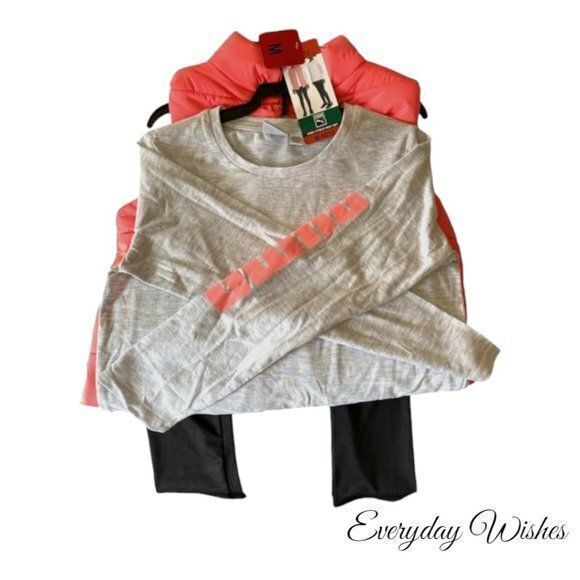 PUMA Girl's Vest Long Sleeve Shirt Leggings 3pc X-Small 5/6 Coral/Gray/Black NWT - Picture 2 of 4